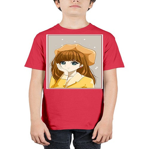 Beautiful and pretty girl brown long hair with yellow hat 128# - anime - Youth Tee Unisex