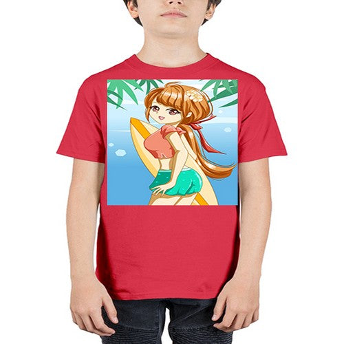 Beautiful girl with surfing board in summer 119# - anime - Youth Tee Unisex