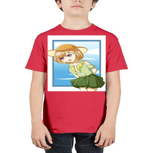 Cute and beautiful girl brown hair with green dress in the summer 159# - anime - Youth Tee Unisex