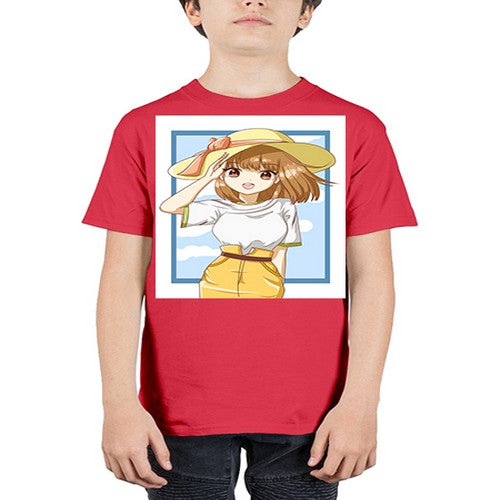 Cute and beautiful girl brown hair with yellow hat in the summer 148# - anime - Youth Tee Unisex