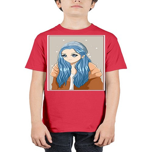 Cute and beautiful girl long blue hair in the winter 142# - anime - Youth Tee Unisex