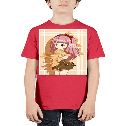 Cute and beautiful girl long pink hair with doll 9# - anime - Youth Tee Unisex