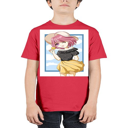 Cute and beautiful girl pink hair with hat in the summer 146# - anime - Youth Tee Unisex