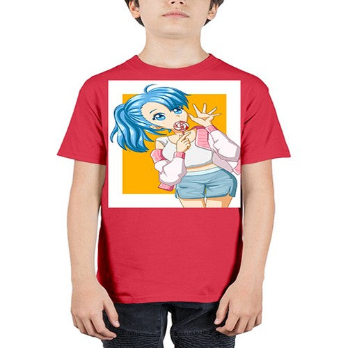 Cute and happy girl blue hair eating the lollipop 112# - anime - Youth Tee Unisex