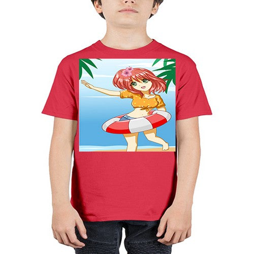 Cute and happy girl in beach with buoy in the summer 184# - anime - Youth Tee Unisex