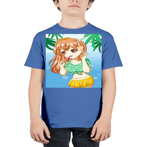Beautiful and cute girl yellow hair with ice cream in beach in the summer 178# - anime - Youth Tee Unisex
