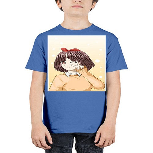 Beautiful and happy girl brown short hair with cheers hand 86# - anime - Youth Tee Unisex