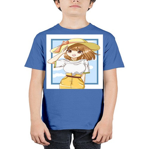 Cute and beautiful girl brown hair with yellow hat in the summer 148# - anime - Youth Tee Unisex