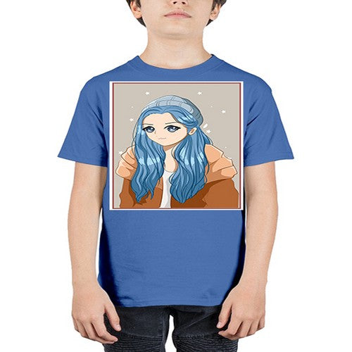 Cute and beautiful girl long blue hair in the winter 142# - anime - Youth Tee Unisex
