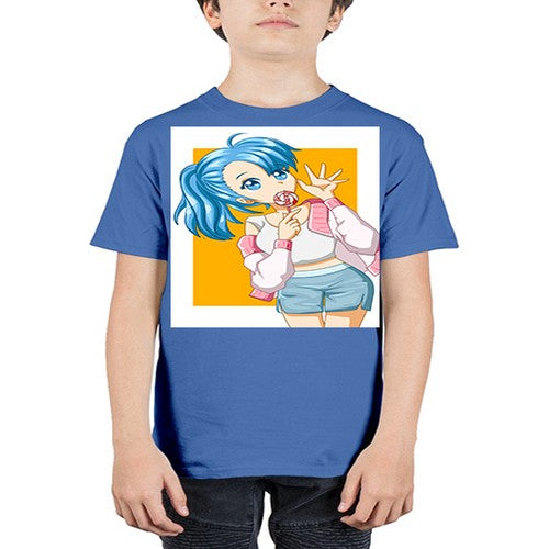 Cute and happy girl blue hair eating the lollipop 112# - anime - Youth Tee Unisex