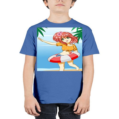 Cute and happy girl in beach with buoy in the summer 184# - anime - Youth Tee Unisex
