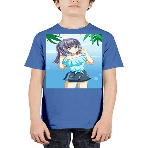 Cute and happy girl with blue shirt in summer 125# - anime - Youth Tee Unisex