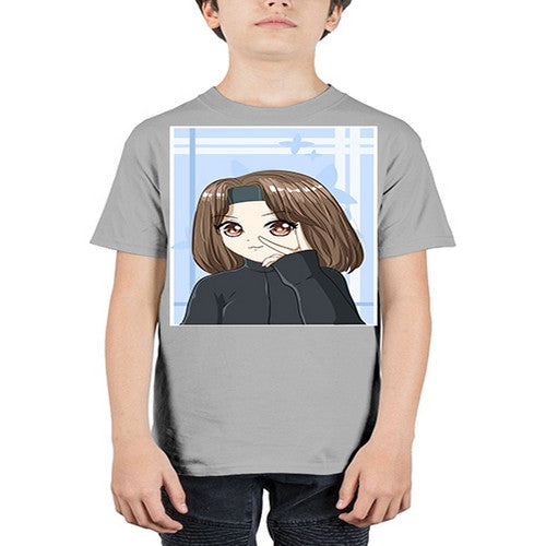 Beautiful and happy girl brown short hair with black jacket 89# - anime - Youth Tee Unisex