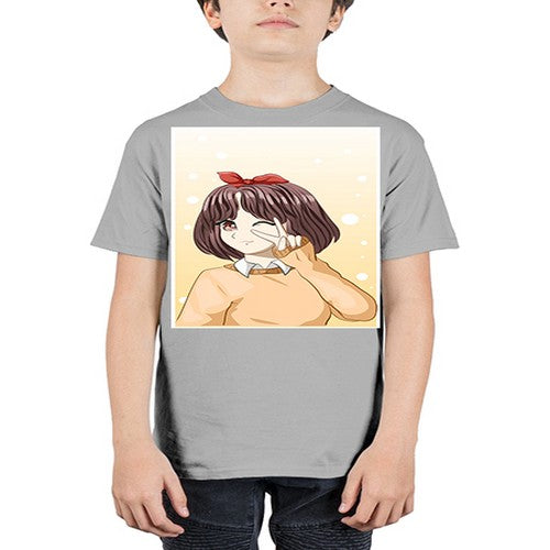 Beautiful and happy girl brown short hair with cheers hand 86# - anime - Youth Tee Unisex