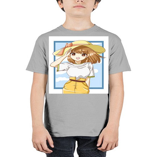 Cute and beautiful girl brown hair with yellow hat in the summer 148# - anime - Youth Tee Unisex