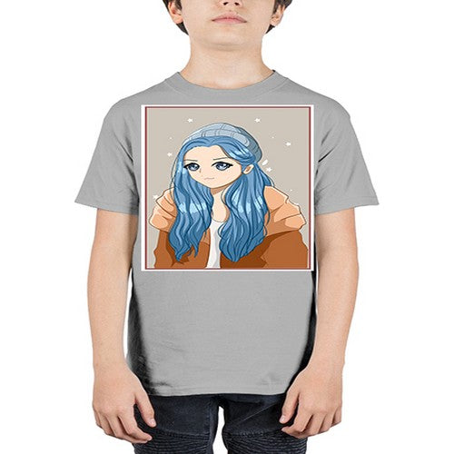 Cute and beautiful girl long blue hair in the winter 142# - anime - Youth Tee Unisex