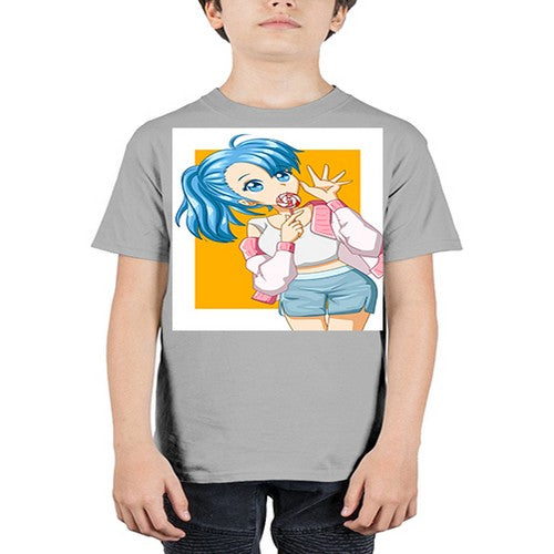 Cute and happy girl blue hair eating the lollipop 112# - anime - Youth Tee Unisex