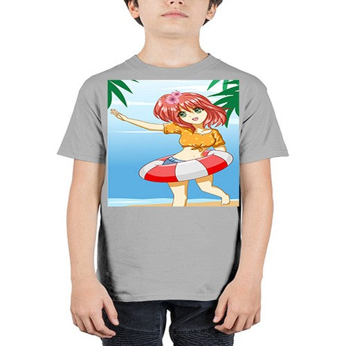 Cute and happy girl in beach with buoy in the summer 184# - anime - Youth Tee Unisex