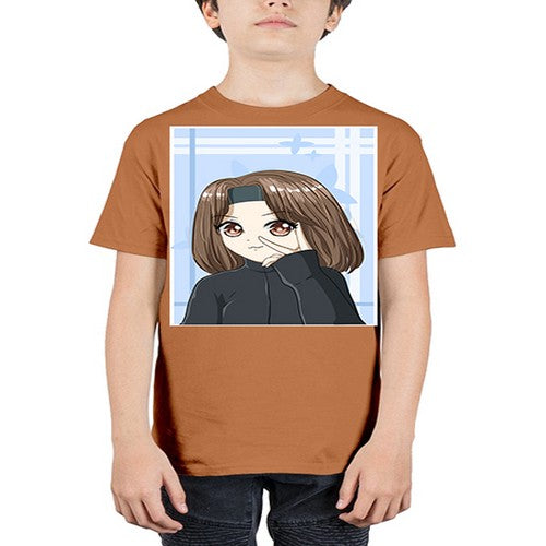 Beautiful and happy girl brown short hair with black jacket 89# - anime - Youth Tee Unisex