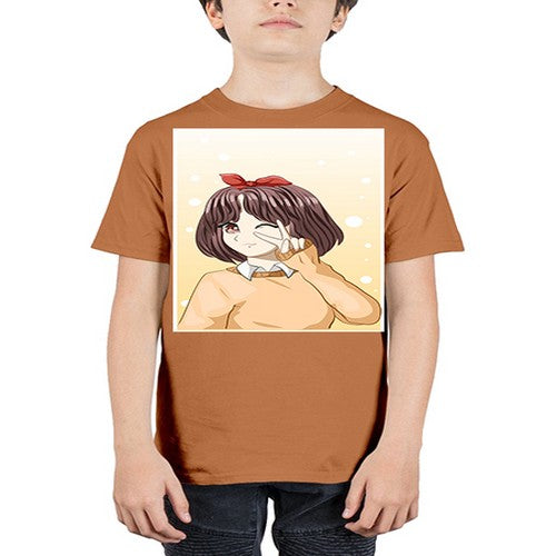 Beautiful and happy girl brown short hair with cheers hand 86# - anime - Youth Tee Unisex