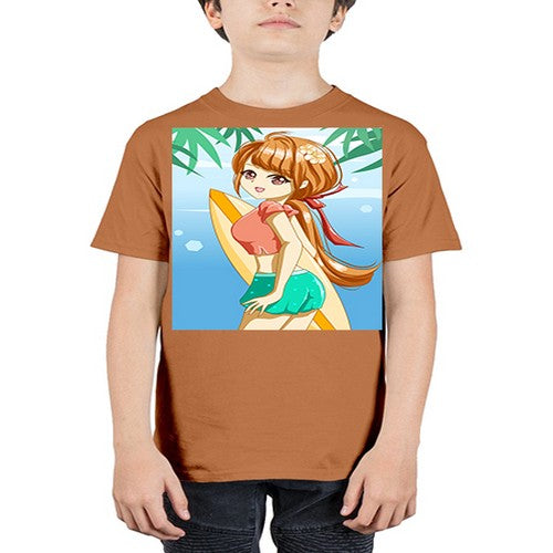 Beautiful girl with surfing board in summer 119# - anime - Youth Tee Unisex