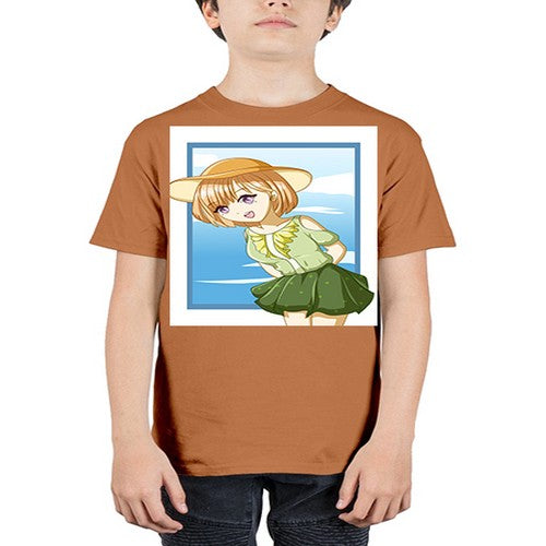 Cute and beautiful girl brown hair with green dress in the summer 159# - anime - Youth Tee Unisex