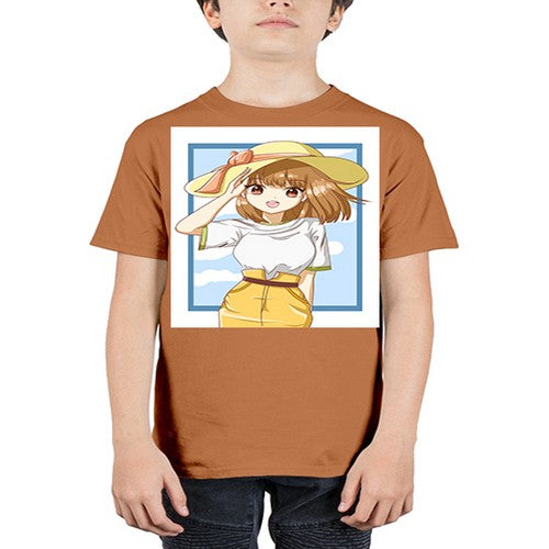 Cute and beautiful girl brown hair with yellow hat in the summer 148# - anime - Youth Tee Unisex