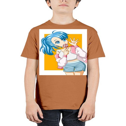 Cute and happy girl blue hair eating the lollipop 112# - anime - Youth Tee Unisex