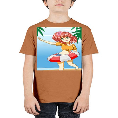 Cute and happy girl in beach with buoy in the summer 184# - anime - Youth Tee Unisex