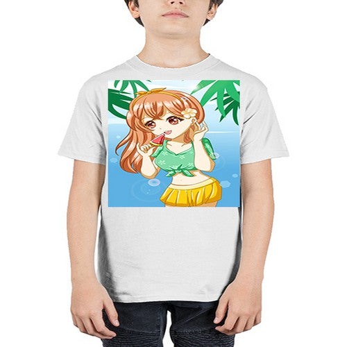 Beautiful and cute girl yellow hair with ice cream in beach in the summer 178# - anime - Youth Tee Unisex