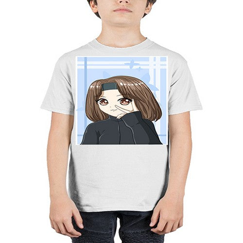 Beautiful and happy girl brown short hair with black jacket 89# - anime - Youth Tee Unisex