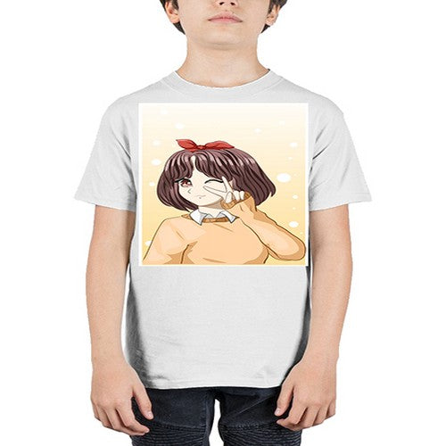 Beautiful and happy girl brown short hair with cheers hand 86# - anime - Youth Tee Unisex