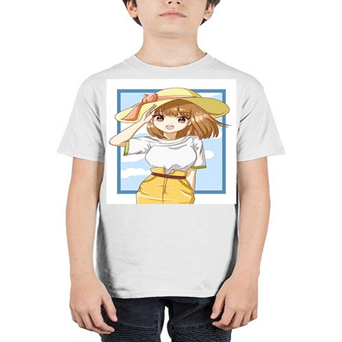 Cute and beautiful girl brown hair with yellow hat in the summer 148# - anime - Youth Tee Unisex