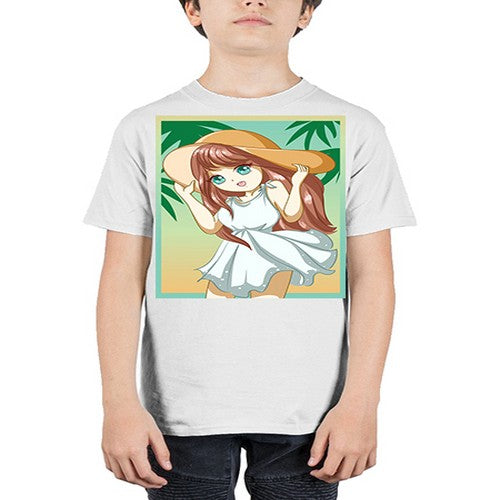 Cute and beautiful girl with white dress in beach at summer 162# - anime - Youth Tee Unisex