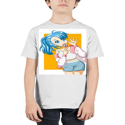 Cute and happy girl blue hair eating the lollipop 112# - anime - Youth Tee Unisex