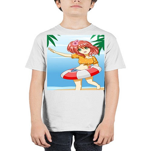 Cute and happy girl in beach with buoy in the summer 184# - anime - Youth Tee Unisex