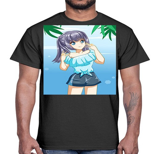 Cute and happy girl with blue shirt in summer 125#- anime- Cotton Tee