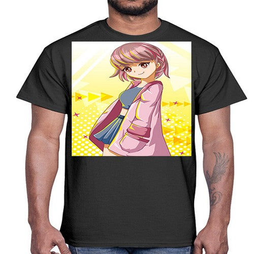Cute and happy girl with pink coat 111#- anime- Cotton Tee