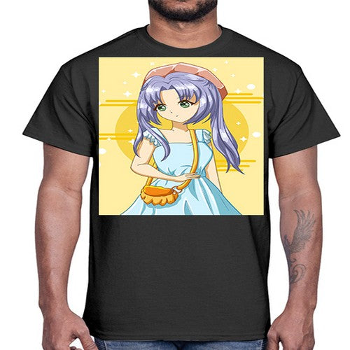 Cute and soft girl blue hair with blue dress in summer holiday 60#- anime- Cotton Tee