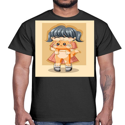 Cute girl with cat animal day 135#- anime- Cotton Tee