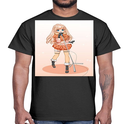 Happy and beautiful singer woman with microphone 160#- anime- Cotton Tee