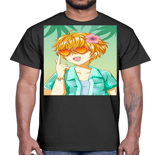 Happy and cute boy with glasses in beach in the summer 180#- anime- Cotton Tee