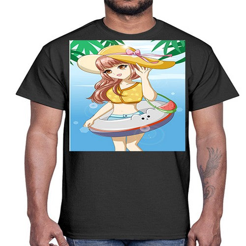 Happy and funny girl in beach with cute buoy in the summer 11#- anime- Cotton Tee