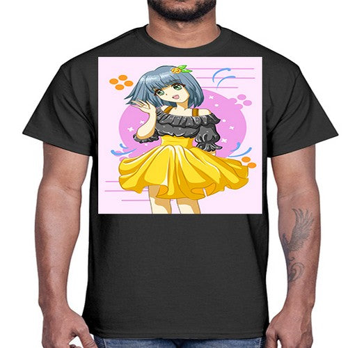 Happy and funny girl with black yellow dress in summer 41#- anime- Cotton Tee