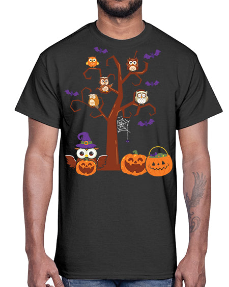 Owl With Pumpkin Halloween Tree A TurtleRabbit 16#- owl- Cotton Tee