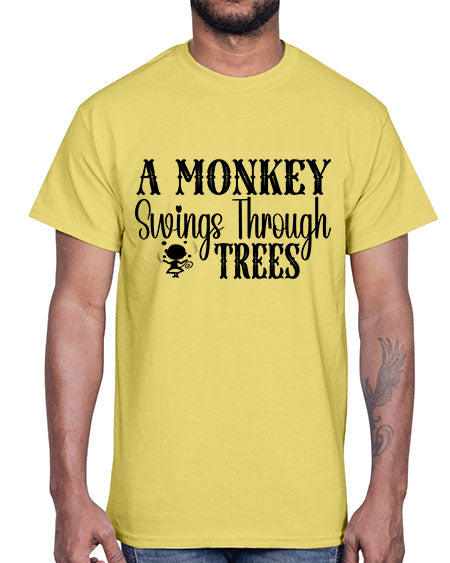 A monkey swings through trees - monkey- Cotton Tee