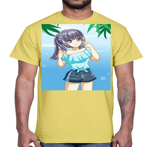 Cute and happy girl with blue shirt in summer 125#- anime- Cotton Tee