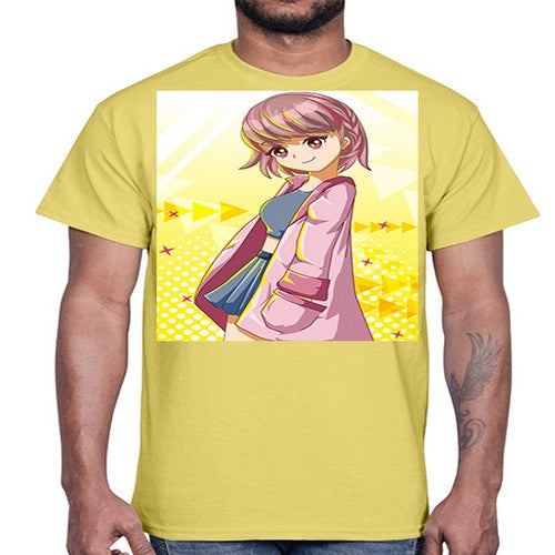Cute and happy girl with pink coat 111#- anime- Cotton Tee