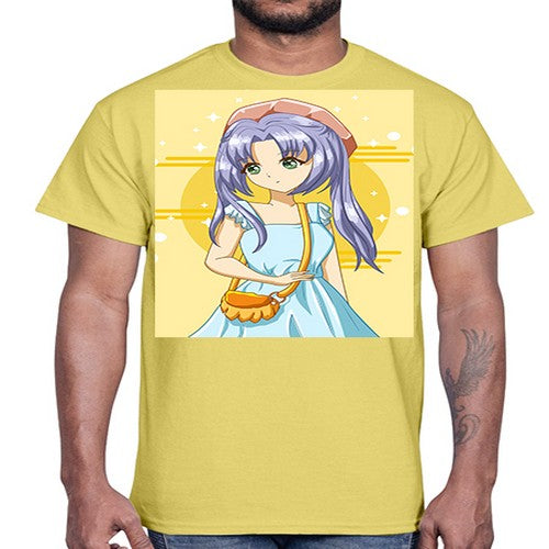 Cute and soft girl blue hair with blue dress in summer holiday 60#- anime- Cotton Tee