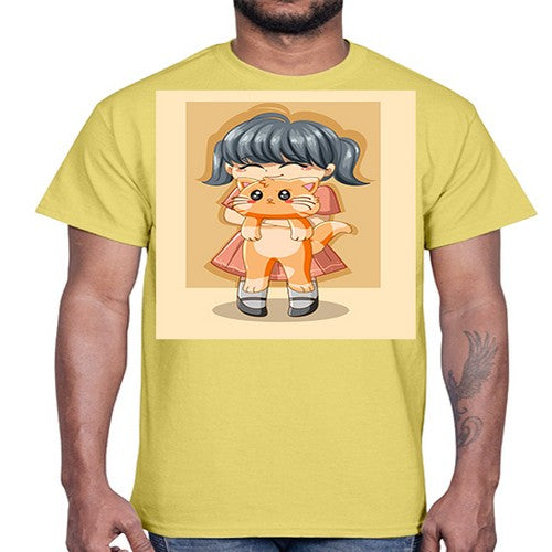 Cute girl with cat animal day 135#- anime- Cotton Tee